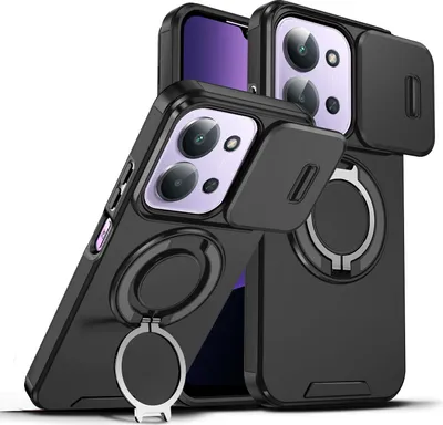 Immagine prodotto di Custodia a doppio strato per Xiaomi Redmi 15C 4G, con copertura scorrevole della fotocamera e supporto ad anello magnetico Nero