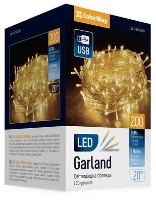 Image de Guirlande LED COLORWAY / intérieur / 200 LED / longueur 20 m / blanc chaud / 8 fonctions / alimentation USB