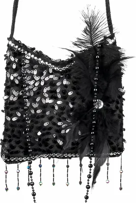 A black flapper-style handbag adorned with sequins, beads, and feathers, presented against a white background.
