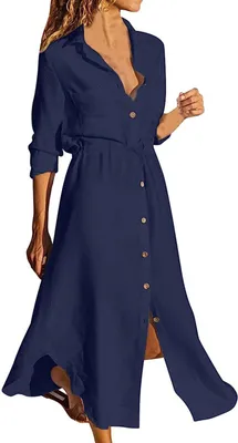 Image de ASKSA Femme Robe d'été décontractée Bouton Robe shirt manches longues Robe midi décontractée solide avec cordon de serrage, Bleu foncé, 2XL
