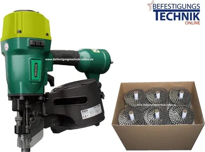 A coil nailer and a box of coil nails are displayed against a white background.