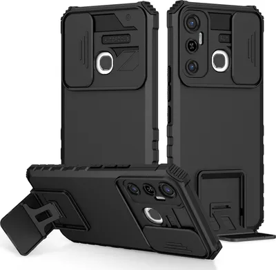 Image de Étui pour Infinix Hot 11 étui de protection militaire double couche avec support et protection coulissante de l'appareil photo noir