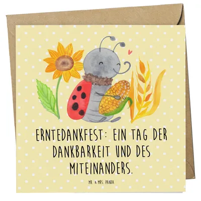 Produktbild von Mr. & Mrs. Panda doppelkarte Erntedankfest Dank - Gelb Pastell - Geschenk, Dankbarkeit, Glückwunschkarte, Freunde, Feiertag, Thanksgiving Geschenke, anlasskarte, Herbst