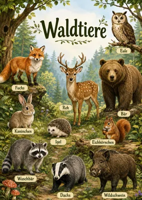 Immagine prodotto di Poster didattico sugli animali della foresta, formato DIN A2 – Poster per bambini con volpe, cervo, orso e gufo, finitura opaca