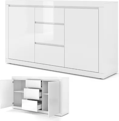 A white sideboard with three drawers and two cabinet doors, shown from the front and with one cabinet door open.