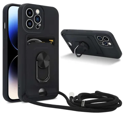 Obrázok produktu pre Cadorabo reťaz na mobilný telefón s funkciou stojana pre Apple iPhone 15 PRO MAX v ČIERNEJ farbe - silikónové ochranné puzdro s nastaviteľným popruhom