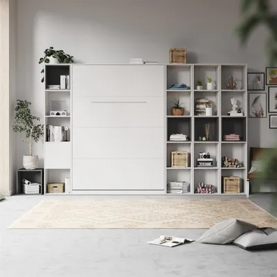 Produktbild von SMARTBett WOHNWAND Schrankbett 140x200 Vertikal mit Regalen Weiss/Anthrazit