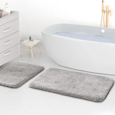 Produktbild von Mikrofaser-Badematten 2 cm dick super saugfähig Hellgrau 50x80 cm + 40x60 cm