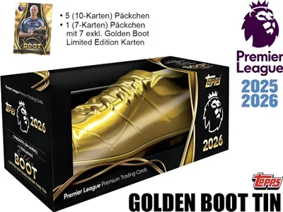 A product shot of a golden boot tin containing trading cards, with promotional text and logos.