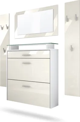 Produktbild von Vladon Garderobe Malea, Garderobenset bestehend aus 1 Hängeschuhschrank, 1 Wandspiegel und 2 Garderobenpaneele, Weiß matt/Creme Hochglanz