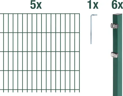Produktbild von Alberts Doppelstabmattenzaun 6-5-6, Matten 2,50 m, Höhe 1,63 m, Länge 12,5 m, grün, Zaun als Komplettset, Pfosten mit Klemmlasche 60x40 mm