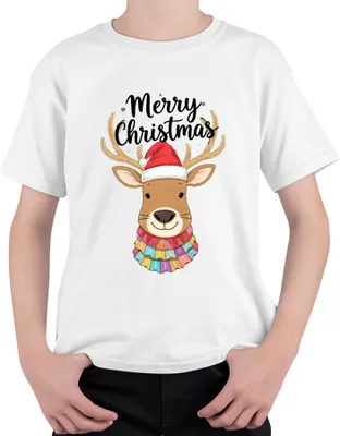 Produktbild von Merry Christmas Weihnachten Rentier Nikolausmütze niedlich bunt Uni Kinder T-Shirt, Weiß, 140