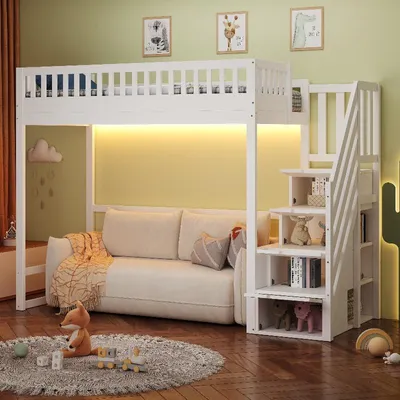 Produktbild von Hochbett 90x200cm aus Kiefernholz in Weiß mit Schutzgeländer, LED-Lichtleiste und Stauraumtreppe, wendbare Leiter für Kinderzimmer