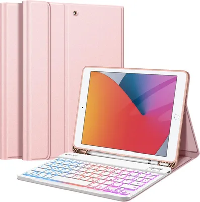 Produktbild von Fintie Tastatur Hülle für iPad 9 8 7 Generation (2021/2020/2019) 10.2 Zoll, 7-farbig beleuchtete abnehmbare Tastatur mit Schutzhülle, QWERTZ Layout, Roségold