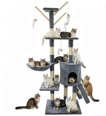 Produktbild von Kratzbaum 140 cm Katzenturm mit Katzenhöhle, Hängematte, Sisal-Kratzsäulen und Leiter, Grau