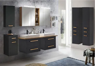 Produktbild von Badezimmermöbel Set in anthrazit mit Eiche Landhaus DABO-04 mit 165cm Keramik-Waschtisch und LED-Spiegelschrank, B/H/T ca. 210/200/50