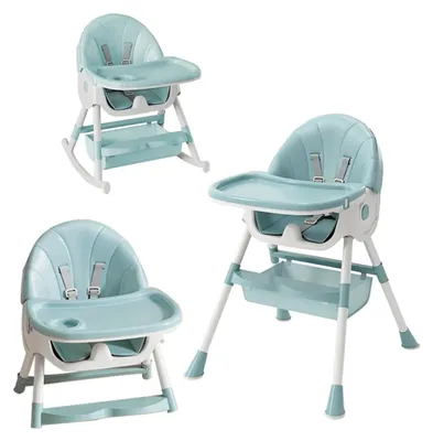 Produktbild von Baby Hochstuhl - Kinder Hochstuhl mit Babyliege - Höhenverstellbar klappbar - Gepolstert - Esstablett - Rollen - Drehbar - Blau