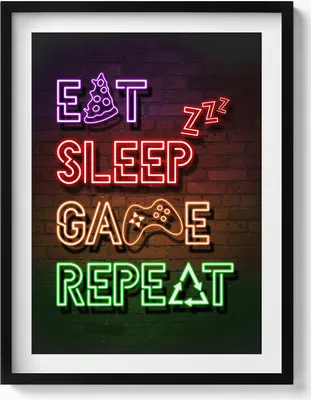 Produktbild von Beschriftung für Gamer „Eat sleep game repeat“– Wandbild mit Rahmen – Gerahmtes Bild  – Wanddekoration – 60x80 cm –  Schwarz Rahmen