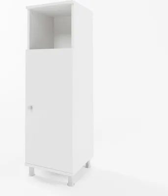 A tall, narrow white cabinet with a door and an open shelf at the top, standing on four short legs against a white background.