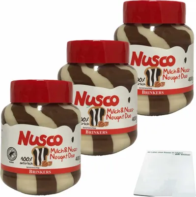 Produktbild von Nusco Milch & Nuss Nougat Duo Creme 3er Pack (3x400g Glas) + usy Block