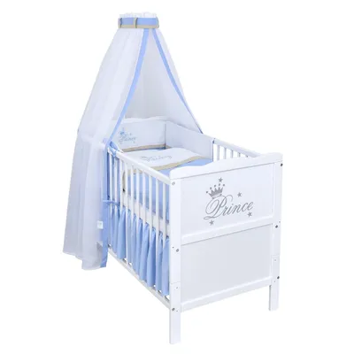 Produktbild von Baby-Delux Babybett Kinderbett Gitterbett Prince 60x120 Weiß inkl. 10-tlg Prince Bettwäsche Set Matratze, Beißschienen zum Schutz