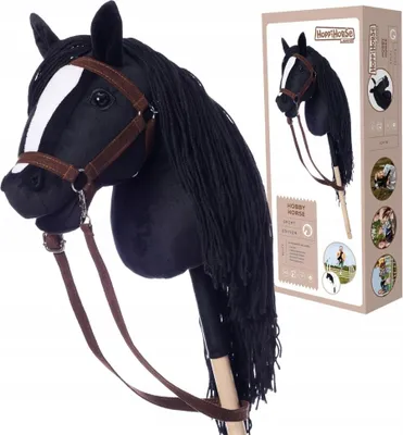 A black hobby horse with a brown bridle and reins, shown in front of a product box with images of children playing with similar toys.