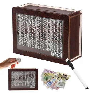 Produktbild von Spardose aus Holz mit Zähler und Sparziel.
