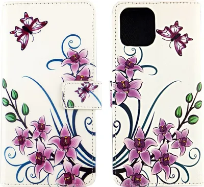 A flip-case phone cover with a floral and butterfly design.