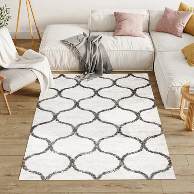 A living room scene with a sofa, chair, and rug.