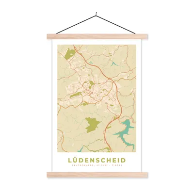 Produktbild von MuchoWow® Textilposter Karte - Ludenscheid - Karte - Vintage - Stadtplan 120x180 cm mit holzfarbenen Rahmen - Textil-Plakat
