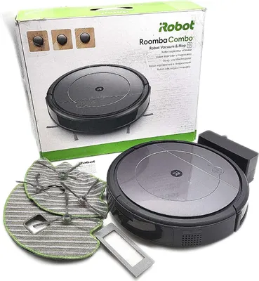 A robot vacuum cleaner and its accessories are displayed on a white background, with the product packaging in the background.