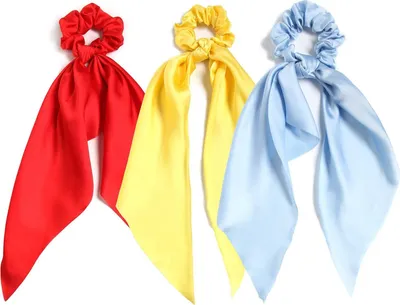 Produktbild von 3-teiliges Haartuch, Haargummi für Damen, geknotete Haarbänder mit Schleife, elastische Bänder, Satin-Haarband, roter Pferdeschwanzhalter für Damen und Mädchen (Rot, Gelb, Blau)