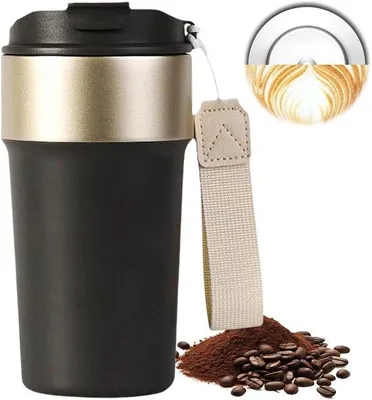 Immagine prodotto di Tazza thermos per il viaggio - tazza da caffè to-go - a prova di perdite - in acciaio inox - 500 ml - nera con coperchio e cannuccia