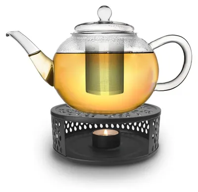 Produktbild von Creano Teekanne aus Glas 1,2l mit Edelstahlsieb und schwarzem Stövchen "Leaf"