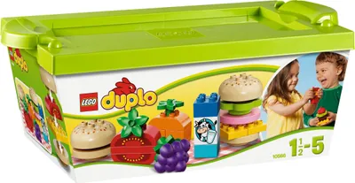 A LEGO Duplo product box showing toy food items and children playing.