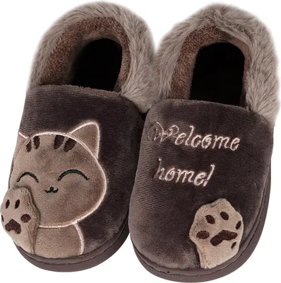 Produktbild von ASKSA Maedchen Jungen Pluesch Baumwolle Hausschuhe Kinder Winter Warme Gefuettert weiche Pantoffeln mit Cartoon Katze rutschfeste Slippers Hause Indoor, Braun, Groesse: 22/23 EU