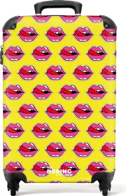 Obrázok produktu pre NoBoringSuitcases.com Kufor na príručnú batožinu z tvrdej škrupiny 55x35x20 cm, 36L, farebné potlače pre ženy: Žltá s ružovými perami, cestovný kufor so 4 kolieskami