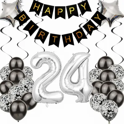 Ballon-Set 24. Geburtstag, Schwarz/Silber, 81 cm Folienballon