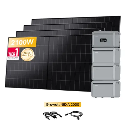 Produktbild von Powerness Balkonkraftwerk mit Speicher, Growatt NEXA 2000 Speicher mit 3x NEXA 2000E Erweiterungsakku & 4x LONGi BC Bifaziale Solarmodule