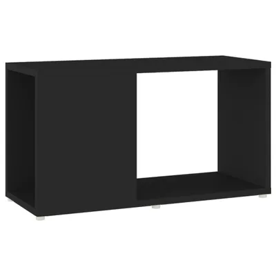 A black TV stand with an open compartment and a closed compartment, shown from the front.