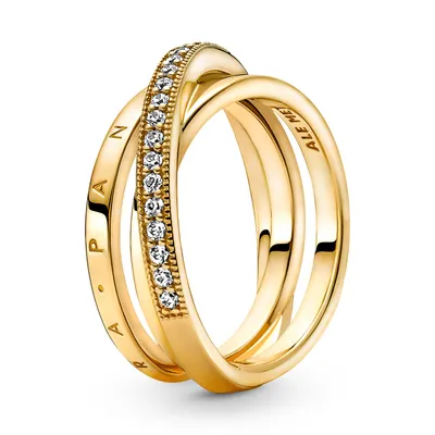 Immagine prodotto di Anello Pandora 169057C01 con tre fasce intrecciate e pavé, in acciaio placcato oro 14 carati con zirconi trasparenti 1