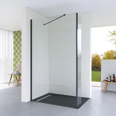 Produktbild von AQUABATOS Walk-in Dusche Duschabtrennung Sicherheitsglas 8mm Glaswand Nano Beschichtung Duschtrennwand Easy Clean Seitenwand mit Stabilisierungsstange Winkelbar Schwarz 100 x 200 cm