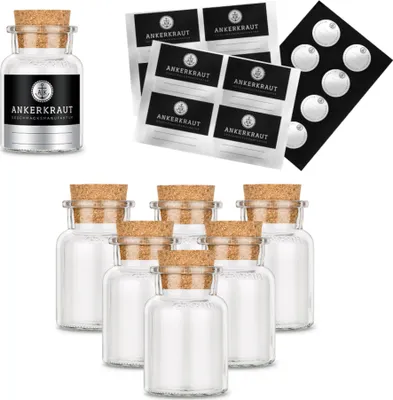 Produktbild von Leeres Korkenglas, klein mit Etiketten und Deckelsiegel 6 Stück