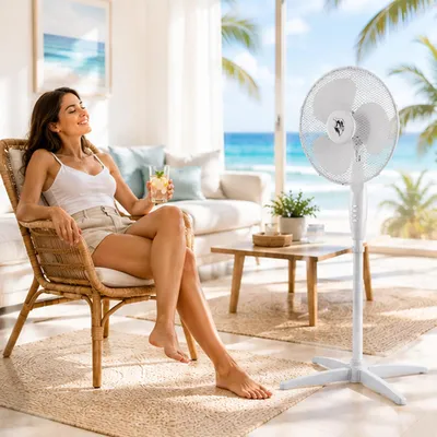 Obrázok produktu pre 4 stojanové ventilátory – priemyselné ventilátory – 40,6 cm – 3 rýchlosti – 45 W – výškovo nastaviteľné (115–140 cm) – oscilácia 90°