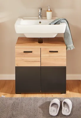 Produktbild von Waschbeckenunterschrank >Riom< in Eiche Artisan-Schwarz matt - 60x55x37 (BxHxT)