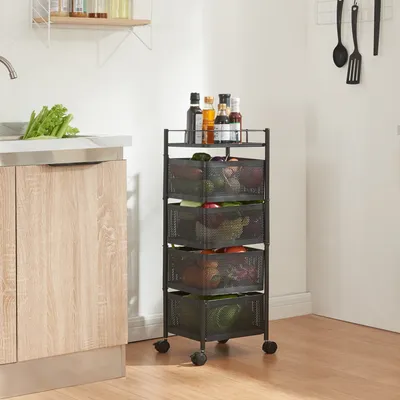 A black rolling cart filled with vegetables in a kitchen setting.