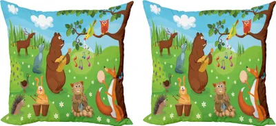 Zdjęcie produktu dla Zestaw poszewek na poduszki ABAKUHAUS Hedgehog (2 szt.), koncert na świeżym powietrzu w lesie, grający na instrumencie niedźwiedź, królik, lis i ćwierkający ptak, 50 x 50 cm, wielokolorowy