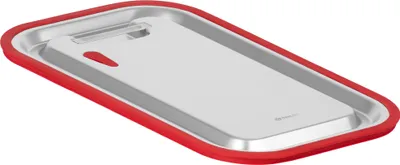 A close-up, angled view of a silver gastronorm container lid with a red silicone rim against a white background.
