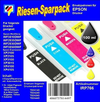 Produktbild von IRP766 - Starterpack CISS / Easyrefillpatronen Multipack mit 4 Patronen und 250ml Dr.Inkjet Premium Nachfülltinte- ersetzt 603XL T03A140 - 440