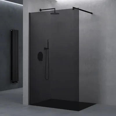 A modern bathroom with a black glass shower wall and black fixtures.